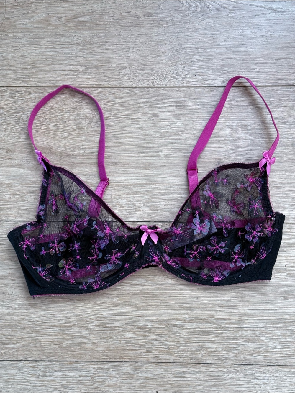 Savage X Fenty Floral Embroidered Mesh Balconette Bra Black Pink 36DD